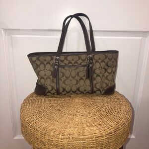 Coach Signature Canvas Shoulder Tote in Brown with Dark Brown Trim